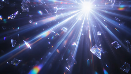 Wall Mural - Blue Light Flare and Prism Rainbow Flares on Black Background with Crystal Light Crossing  -