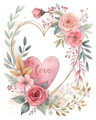 Wall Mural - Romantic watercolor love frame clipart, ideal for Valentine’s celebrations. Isolated on a white background, perfect for cards, invitations, and digital designs with heart and floral motifs. 
