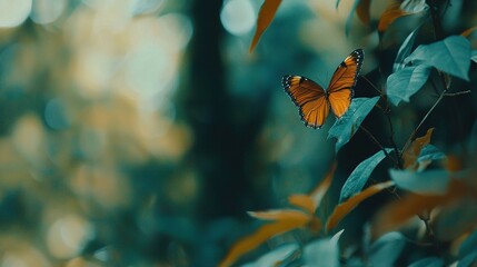 Poster -   Large orange butterfly atop green leaf-covered tree branch with numerous surrounding leaves