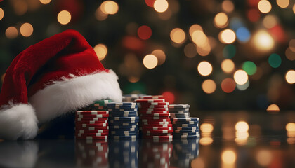 Wall Mural - casino chips and a santa hat in a festive setting -