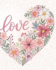 Wall Mural - Happy Valentine's Day. Vector watercolor illustration of a heart made of petals, the word 