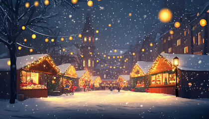 Wall Mural - charming christmas market night scene with glowing lights and falling snow -