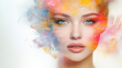 Wall Mural - beautiful fantasy abstract portrait of a beautiful woman double exposure with a colorful digital paint splash or space nebula	
