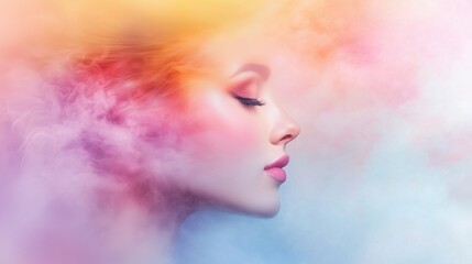 Wall Mural - beautiful fantasy abstract portrait of a beautiful woman double exposure with a colorful digital paint splash or space nebula	
