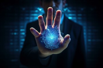 Poster - Businessman using futuristic technology, holding glowing orb in palm of hand, concept of innovation and technological advancement