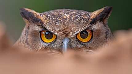 Wall Mural -  A close up of an owl's face peeking out from behind a tree