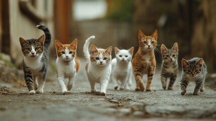 Wall Mural -   A group of kittens strolls down a street beside a stone wall and a building with a door in the distance