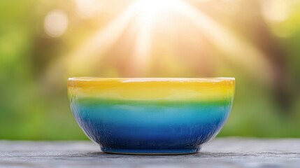 Wall Mural - A colorful bowl sitting on top of a wooden table