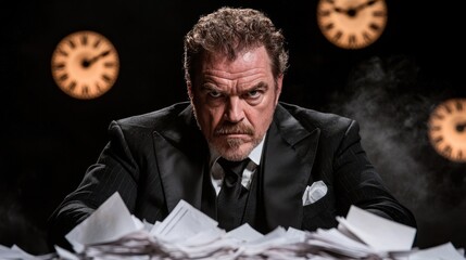 Wall Mural - A man in a suit sitting at a desk with a pile of papers