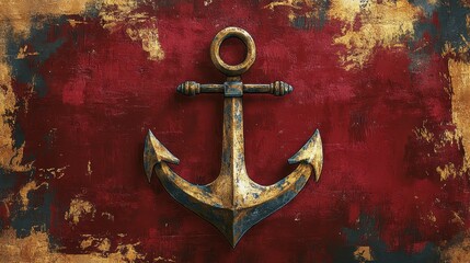 Rusty anchor on grunge red background.