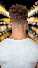 Wall Mural - A man standing in front of a shelf of cheese