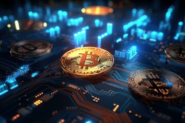 Poster - Gold bitcoin cryptocurrency coins are shining on a futuristic circuit board with glowing charts, symbolizing the digital economy and decentralized finance