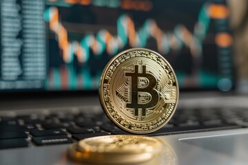 Poster - Golden bitcoin coin standing on laptop keyboard with blurry stock market data numbers and charts showing on screen
