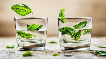 Wall Mural -   A pair of glasses with water-filled lenses and green leaf floats on a wooden table