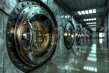 Poster - Vault is storing physical bitcoins illustrating the concept of cryptocurrency security