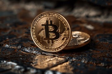 Poster - Close up image of a bitcoin cryptocurrency coin resting on a metallic surface