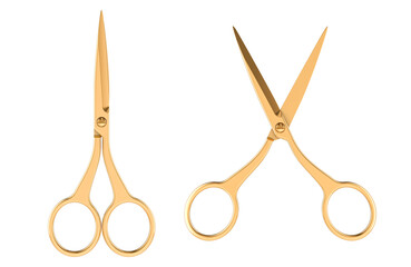 Fototapete - Golden Scissors, opened and closed, top views. 3D rendering isolated on transparent background