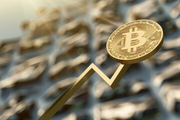 Poster - Golden bitcoin standing on a rising arrow representing its increasing value