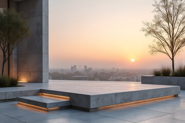 Wall Mural - modern concrete podium with soft lighting, set against minimalist backdrop at sunset. sleek design e