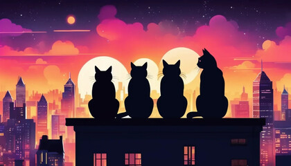 Wall Mural - Illustration of cats sitting in a row on the roof. 