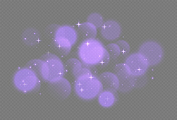 Wall Mural - purple bokeh with stars and sparkles, shiny overlay decoration isolated on grey background. vector i