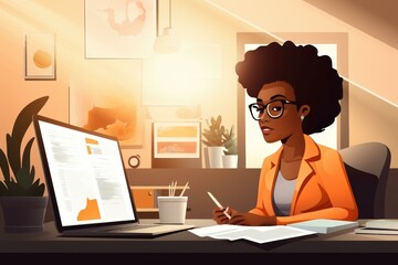 Poster - Young black entrepreneur working from home analyzing charts on her laptop and taking notes