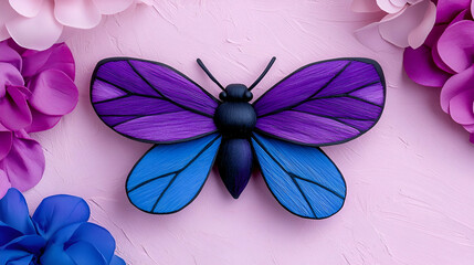 Poster - A colorful butterfly with vibrant purple and blue wings rests on a pink background surrounded by decorative flowers.