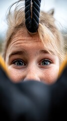 Wall Mural -  A close up of a woman's face peeking out from behind a tent