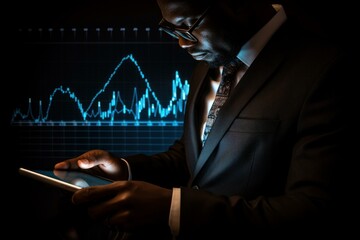 Poster - Businessman using digital tablet to analyze financial market data, with stock chart displayed on screen in background