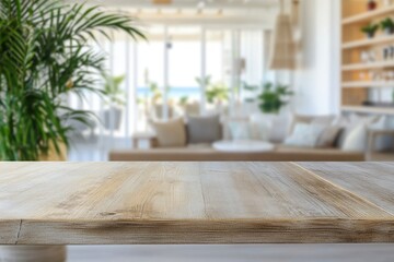 Fototapete - A beautiful, empty wooden tabletop counter in a clean, bright living room interior with a blurred natural light bokeh effect. Perfect for display or montage in home settings