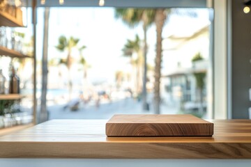 Fototapete - Wooden kitchen counter with a blurred beach cafe background featuring a window and palm trees outside. Close-up tabletop view, ideal for product display or background mockups