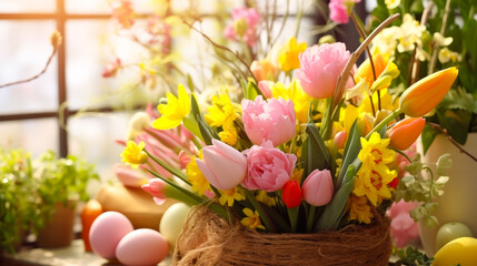 Poster - Colorful flower arrangement in a bright indoor garden setting during springtime