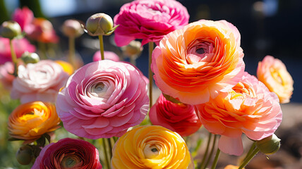 Poster - Colorful ranunculus flowers bloom in a garden during springtime sunshine