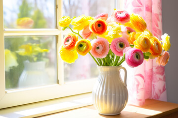 Poster - Colorful ranunculus flowers brighten a sunny kitchen window during springtime