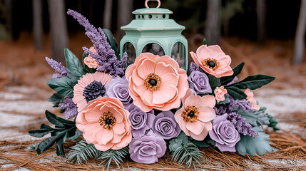 Poster - A floral arrangement featuring pastel-colored flowers and a green lantern, set against a forest backdrop with soft, natural lighting.