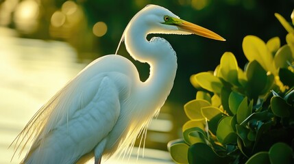 Poster - A single white bird perched on top of a vibrant green meadow, great for nature or wildlife scenes