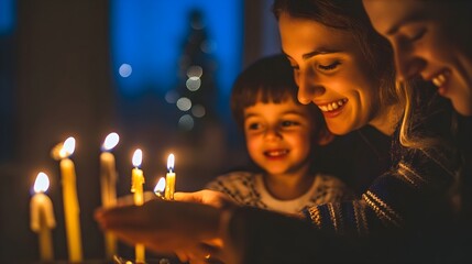 A photo of a family lighting candles during a Hanukkah celebration. 