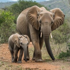 Poster - A young elephant walks alongside its mature companion in the savannah