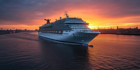 Poster - Large cruise ship sailing on calm waters during sunset