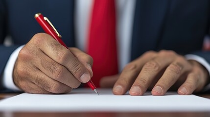 A man in a suit writing on a piece of paper with a red pen