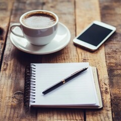 Poster - A cup of coffee and a cell phone on a wooden table, perfect for a morning or afternoon break