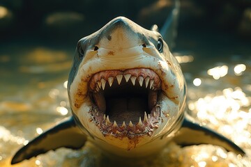 Poster - A close-up shot of a shark's mouth open, suitable for use in illustrations about marine life or ocean-related concepts
