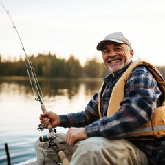 Poster - A person sitting in a small boat, holding a fishing rod and waiting for a catch