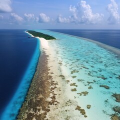 Poster - Aerial view of a small island surrounded by ocean, with sandy beach and lush vegetation