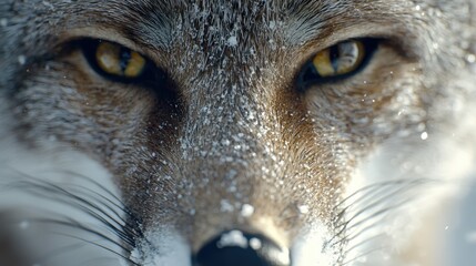 Wall Mural -  A close up of a wolf's face covered in snow