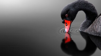 Wall Mural - A black swan with a red beak swimming in the water