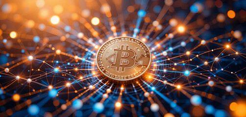 A bitcoin stands at the center, illuminated by an array of interconnected light nodes, symbolizing the vast network of cryptocurrency and blockchain technology