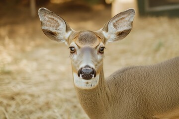 Poster - Wildlife photography of a deer with direct eye contact, suitable for nature and outdoor-themed projects