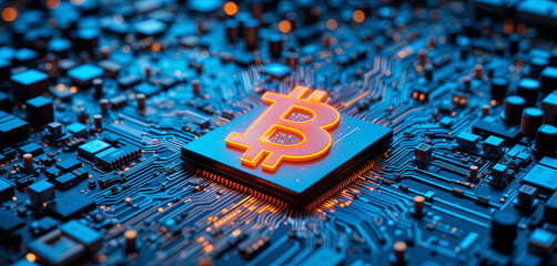 Poster - The vibrant Bitcoin symbol glows against a dark circuit board backdrop, illustrating the dynamic world of digital currency and blockchain technology during nighttime