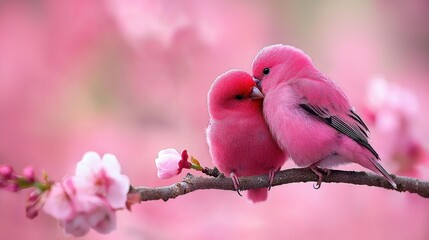 Wall Mural - A couple of pink birds sitting on top of a tree branch